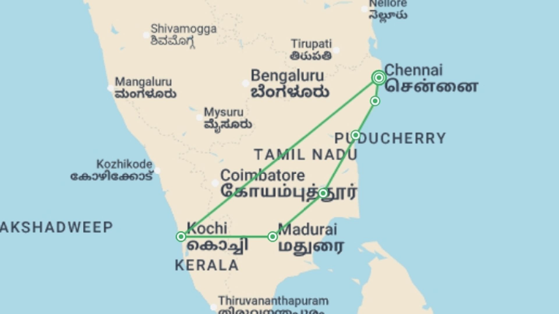 A map showing the tour itinerary for the trip: Chennai to Kochi - 9 days, starting in Chennai, India and ending in Chennai, India going through 5 other destinations.