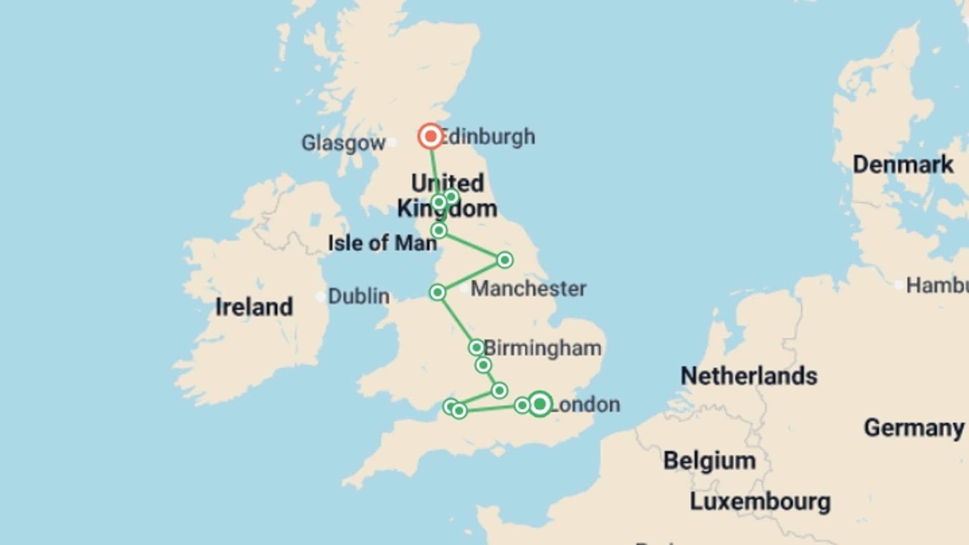 A map showing the tour itinerary for the trip: England in a Week Reunion 35 to 45, starting in London, England and ending in Edinburgh, Scotland going through 5 other destinations.
