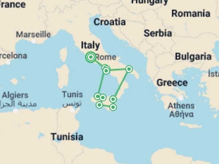 Map of Italy Tour with 7 destination visits for the trip: Highlights of Southern Italy & Sicily