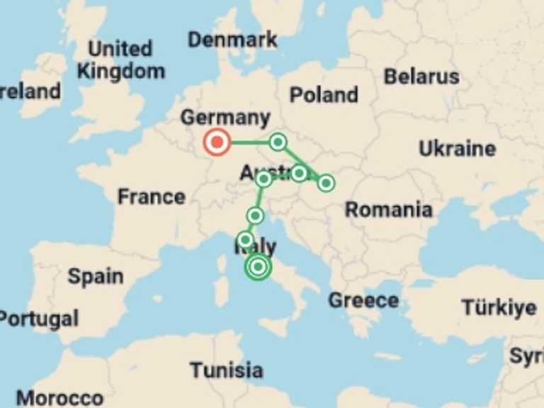Map itinerary of Mediterranean Tour in May 2026 with 8 destination visits for the trip: A Touch of Europe GO