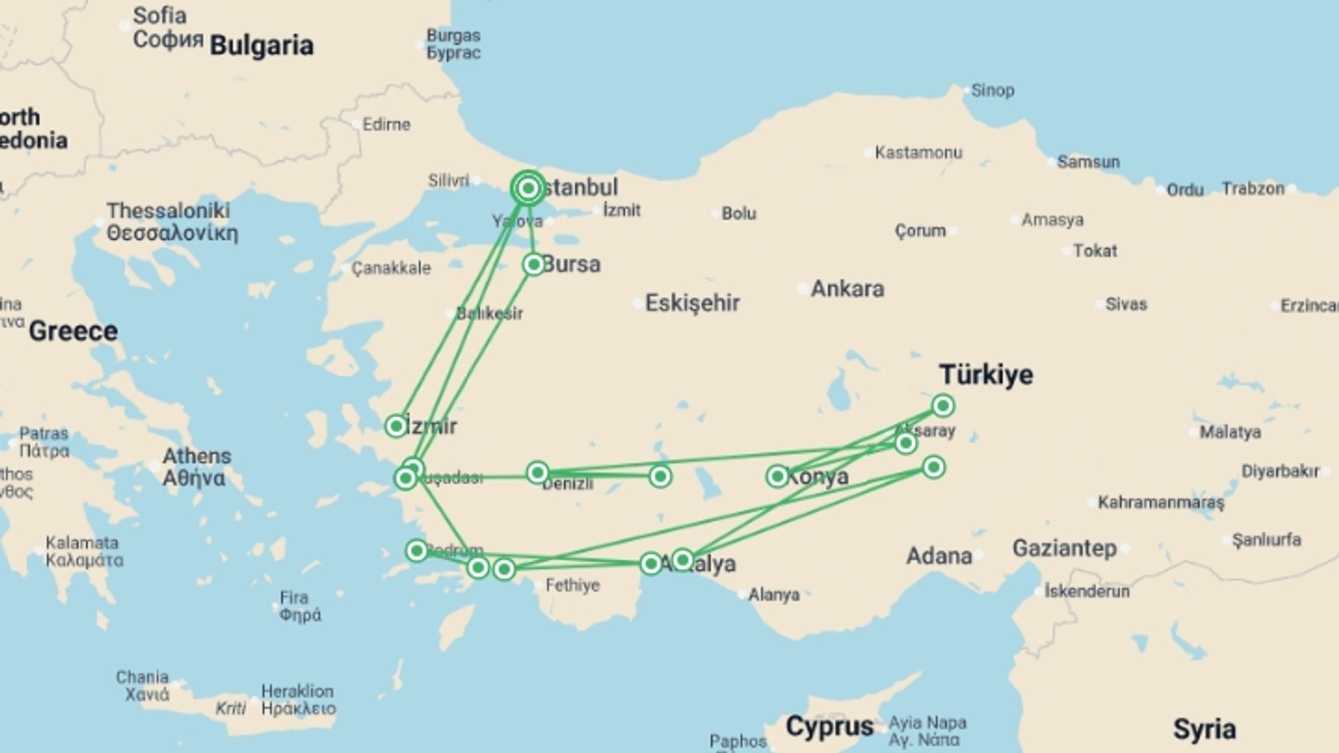 A map showing the tour itinerary for the trip: Aegean Dream, starting in Istanbul, Turkey and ending in Istanbul, Turkey going through 8 other destinations.
