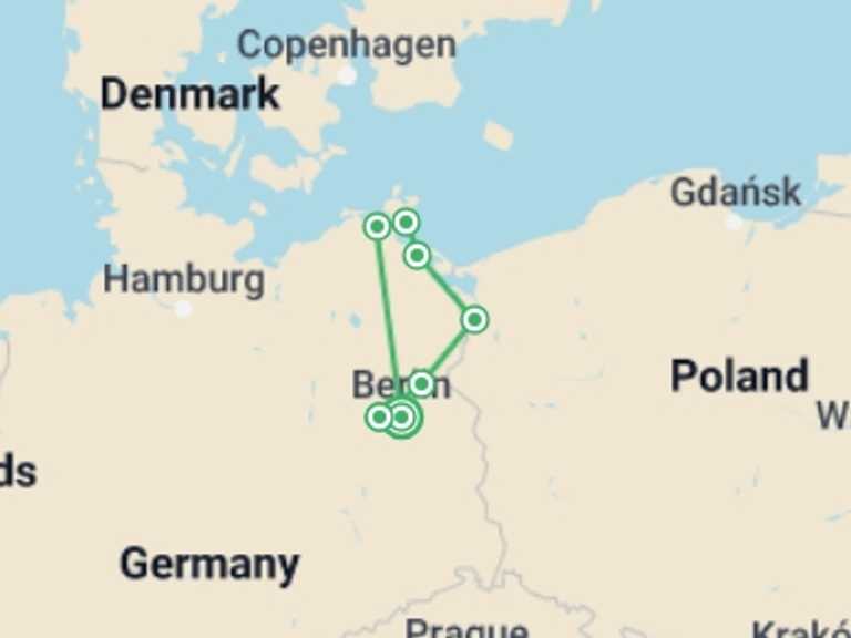 Map of 7-Day Berlin Tour with 7 destination visits for the trip: From Berlin to Stralsund (port-to-port cruise)