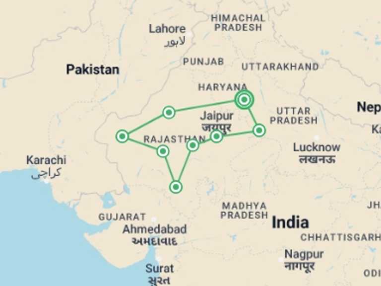 Map itinerary of Rajasthan Tour in October 2026 with 9 destination visits for the trip: Royal India