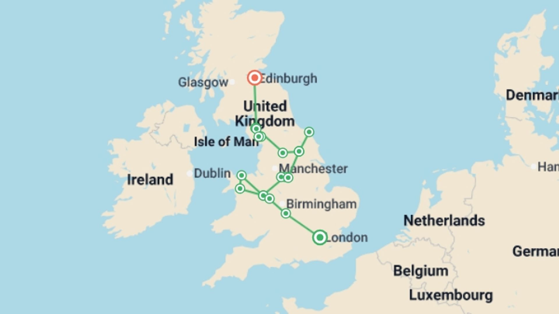 A map showing the tour itinerary for the trip: London to Edinburgh (Hotel) - 8 days, starting in London, England and ending in Edinburgh, Scotland going through 3 other destinations.