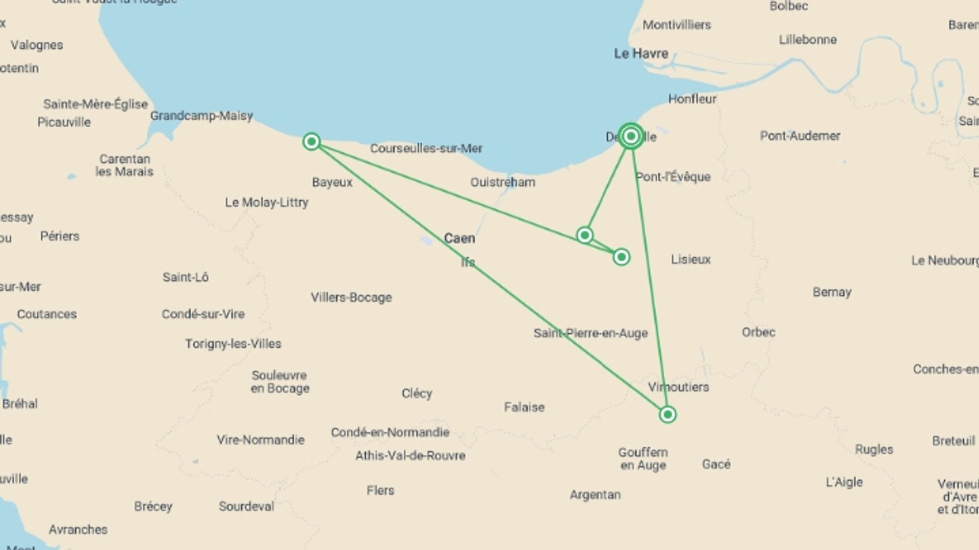 A map showing the tour itinerary for the trip: Normandy on Foot, starting in Deauville, France and ending in Deauville, France going through 4 other destinations.