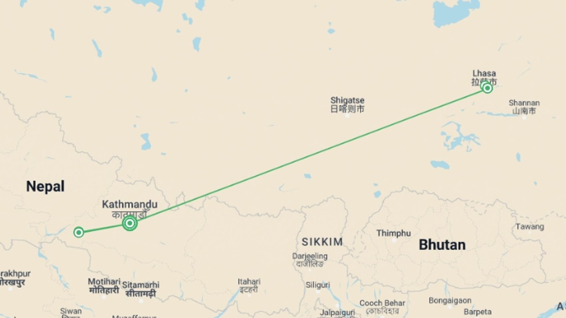 A map showing the tour itinerary for the trip: Nepal and Tibet Tour, starting in Kathmandu, Nepal and ending in Kathmandu, Nepal going through 4 other destinations.