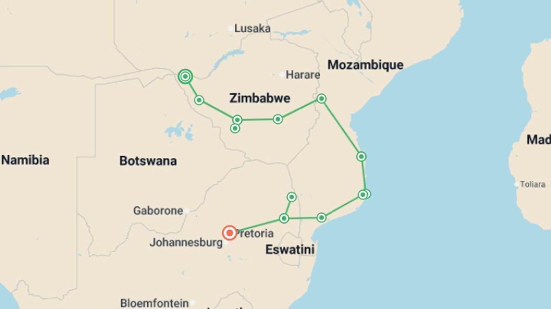 A map showing the tour itinerary for the trip: 14-day Zimbabwe  Mozambique Explorer Camping, starting in Victoria Falls, Zimbabwe and ending in Pretoria, South Africa going through 10 other destinations.