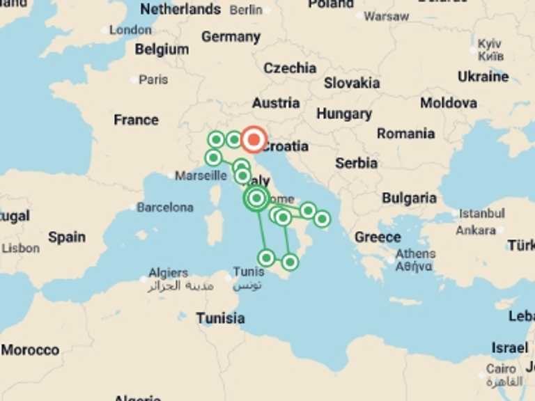 Map itinerary of Mediterranean Tour in October 2026 with 13 destination visits for the trip: Italian Roundabout Complete End Venice