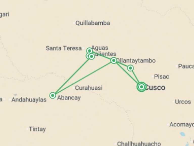 Map of a Trekking and Hiking Tour with 6 destination visits for the trip: Glamping on the Inca Trail