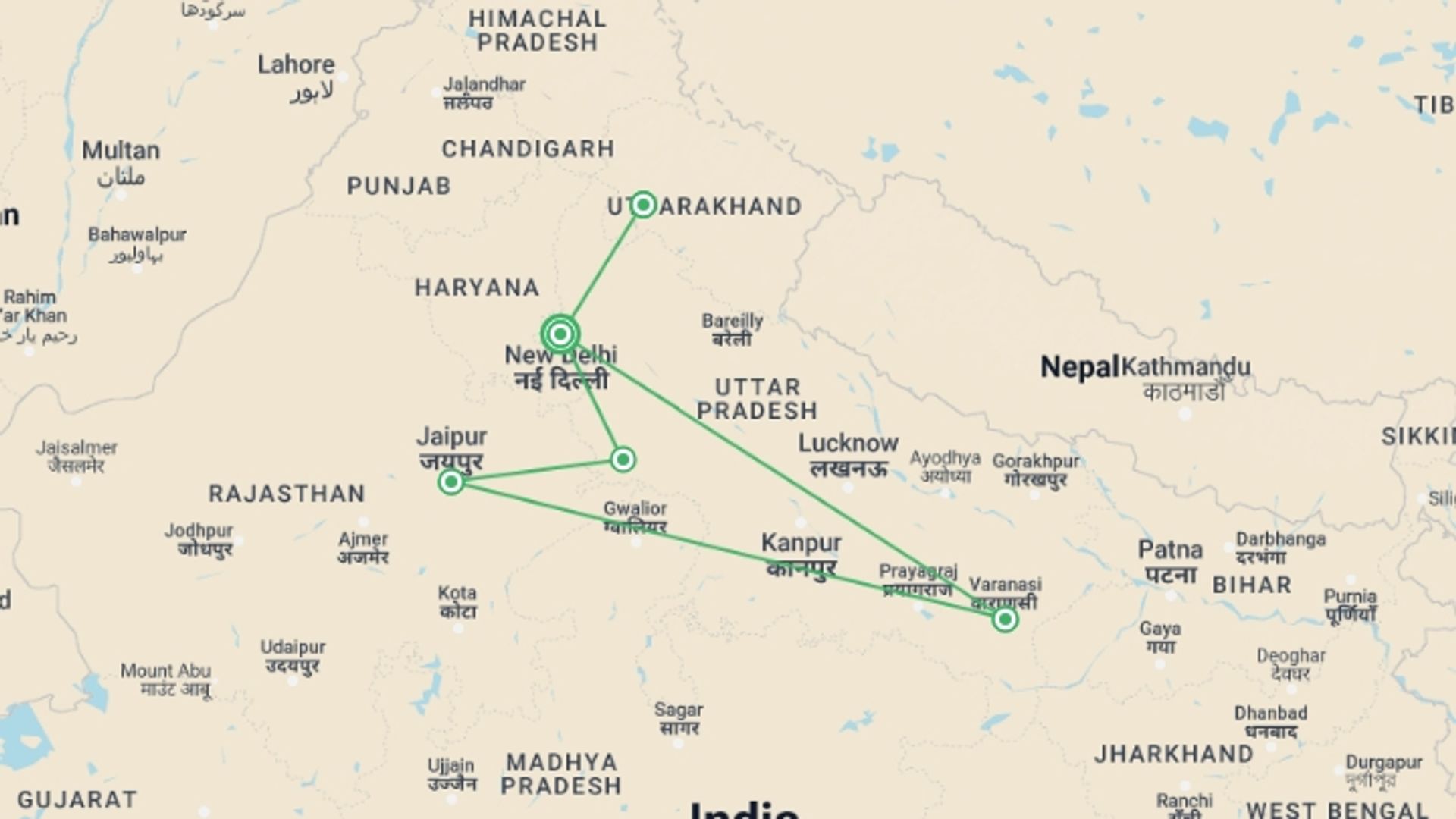 A map showing the tour itinerary for the trip: North India With Yoga in Rishikesh, starting in New Delhi, India and ending in New Delhi, India going through 5 other destinations.