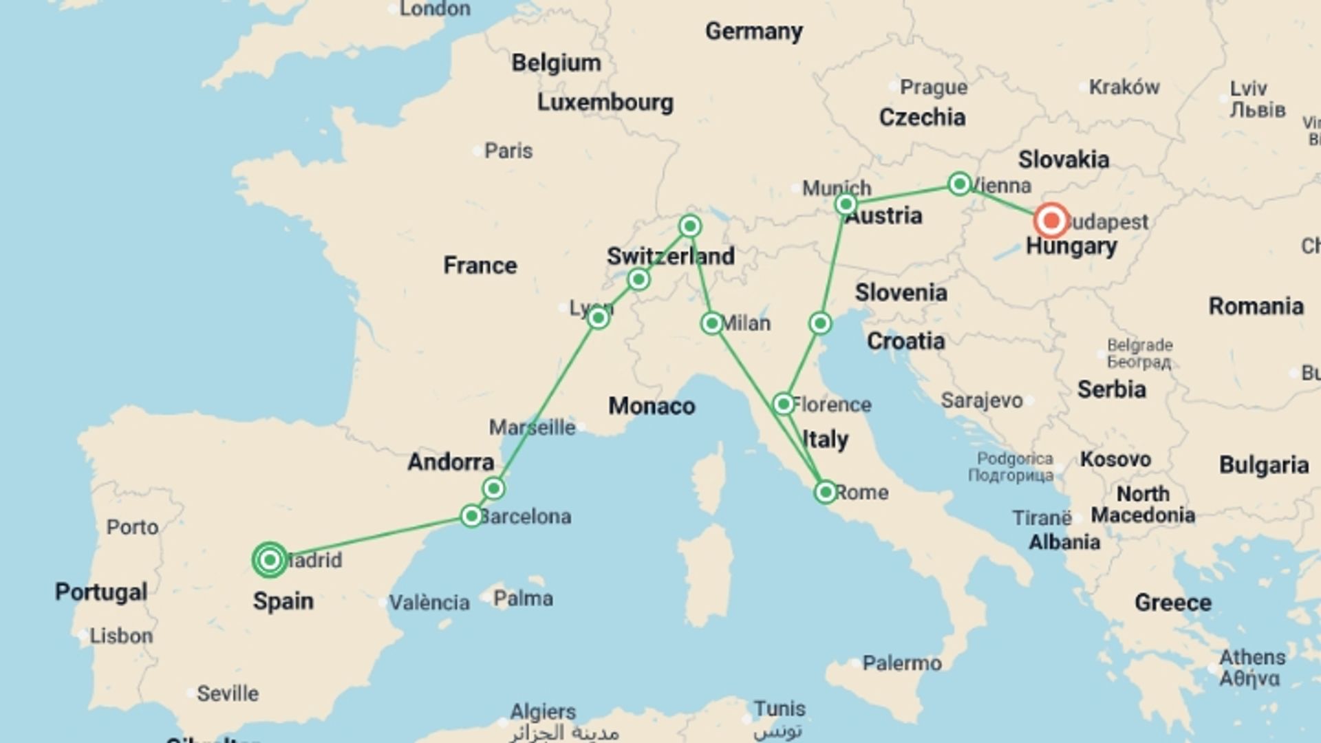A map showing the tour itinerary for the trip: European Odyssey Madrid to Budapest - 17 days, starting in Madrid, Spain and ending in Budapest, Hungary going through 11 other destinations.