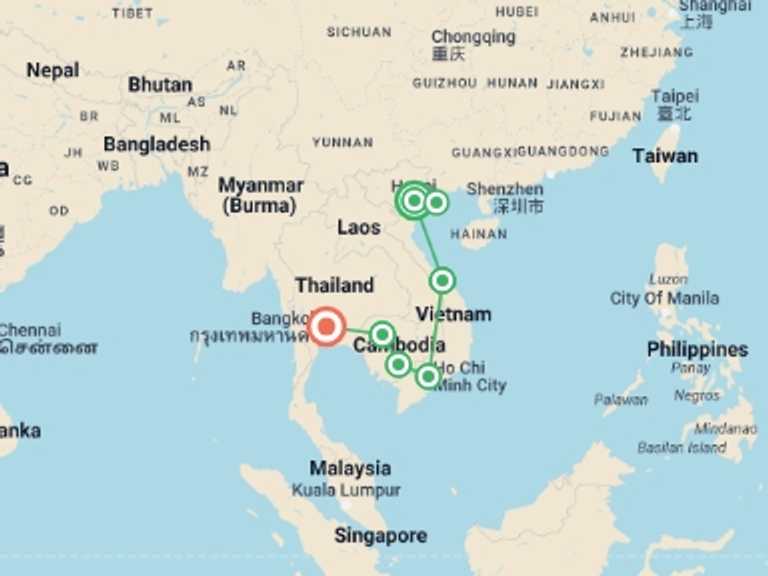 Map itinerary of Hanoi Tour in July 2026 with 7 destination visits for the trip: Journey to Angkor Wat & Bangkok - 17 days