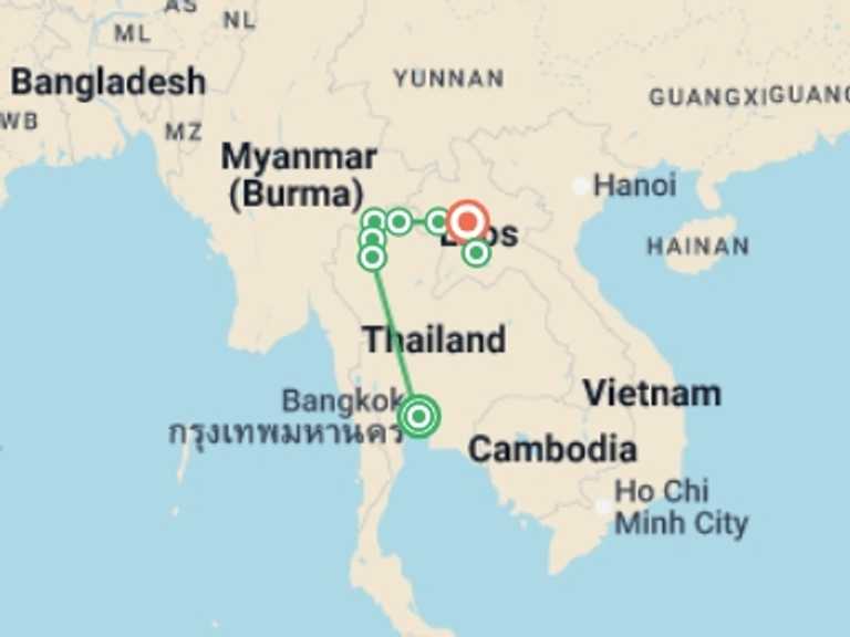 Map of Chiang Mai Tour with 8 destination visits for the trip: Bangkok to Luang Prabang