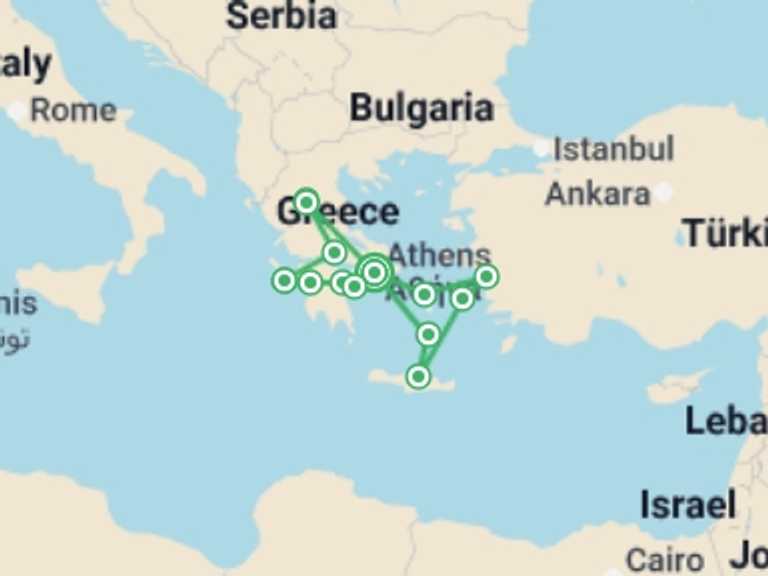 Map of Mediterranean Tour with 8 destination visits for the trip: Classical Greece & Aegean Cruise - 12 days