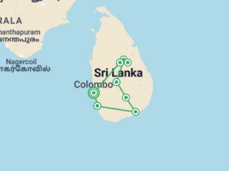 Map itinerary of Sri Lanka Tour in October 2026 with 7 destination visits for the trip: Wild Sri Lanka & Beach for Families - 13 days