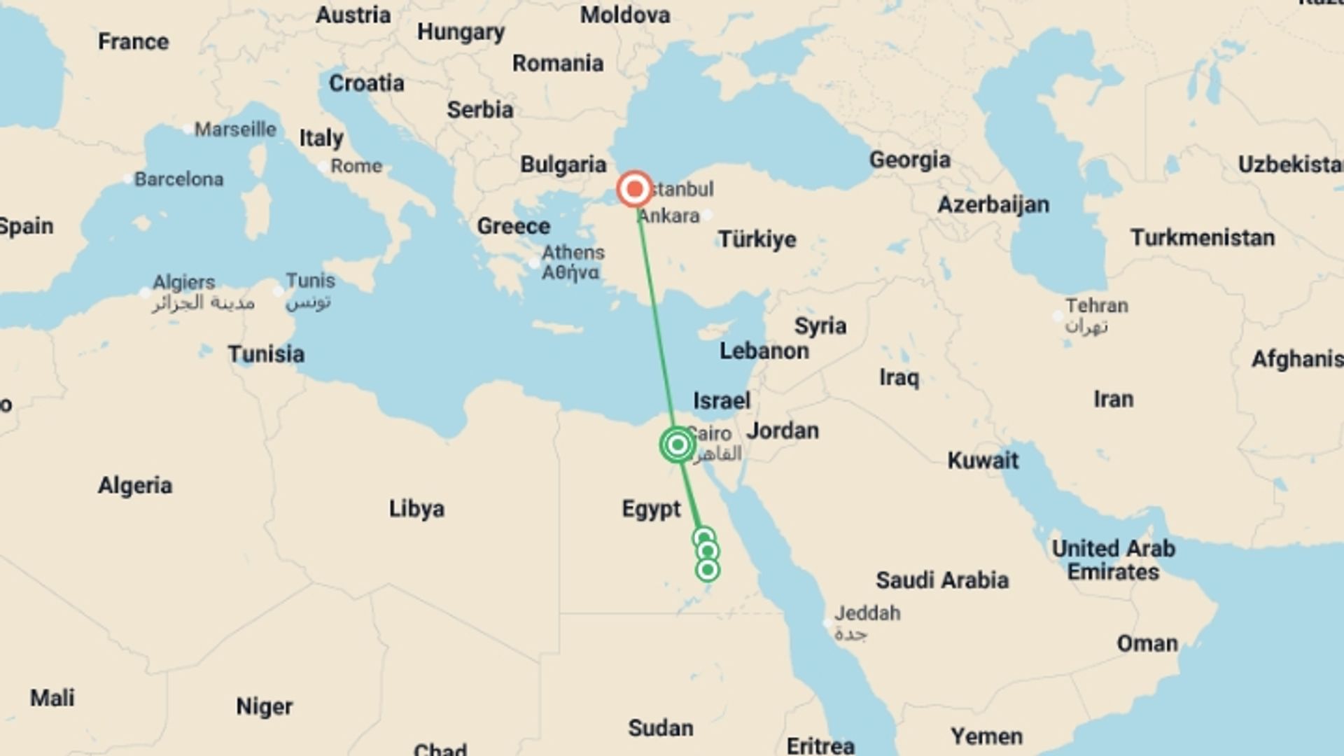 A map showing the tour itinerary for the trip: Mystical Egypt and Istanbul, starting in Cairo, Egypt and ending in Istanbul, Turkey going through 4 other destinations.