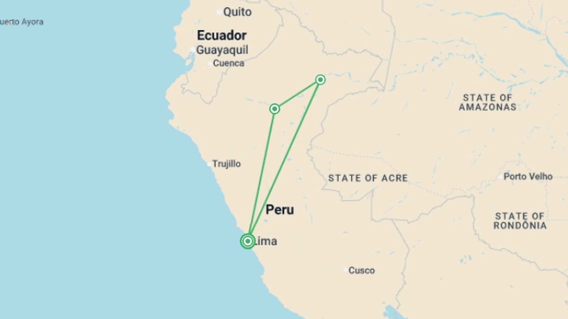 A map showing the tour itinerary for the trip: Amazon Riverboat Adventure In Depth, starting in Lima, Peru and ending in Lima, Peru going through 3 other destinations.