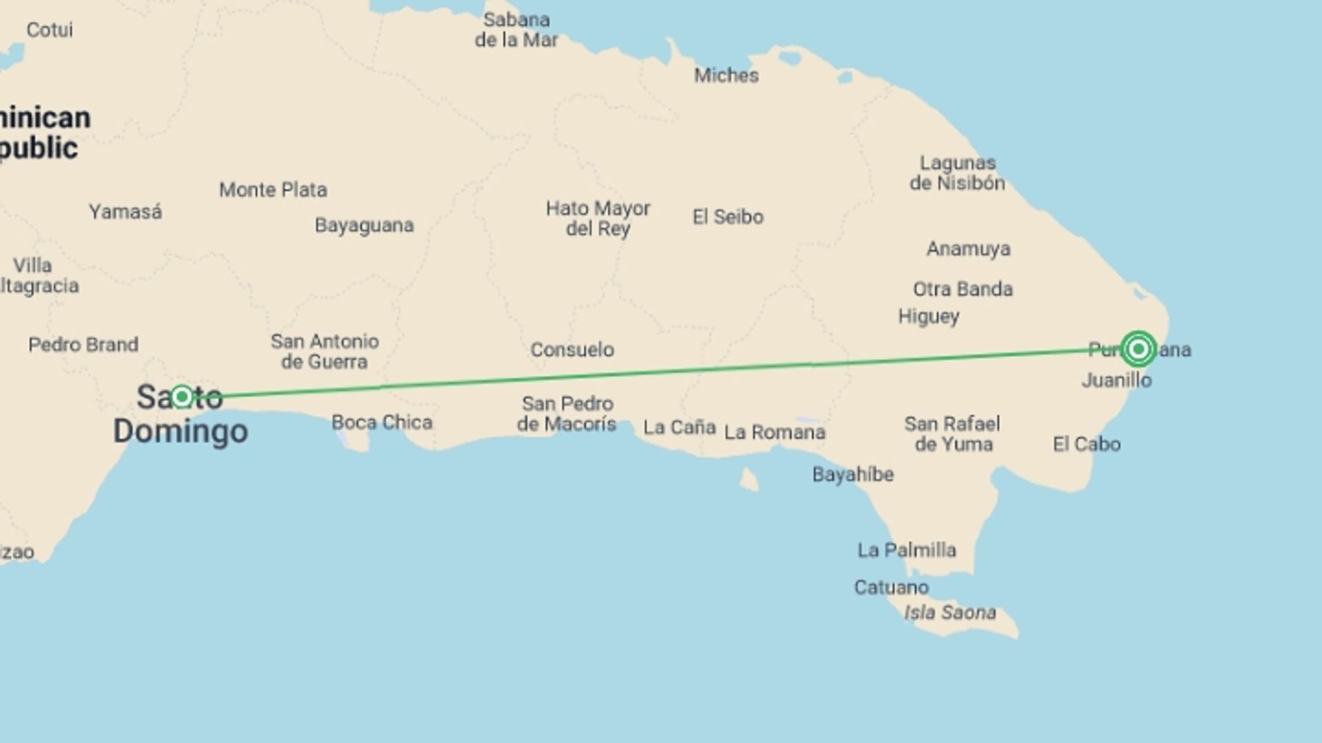 A map showing the tour itinerary for the trip: Dominican Republic: See & Experience it all in 6 days, starting in Punta Cana, Dominican Republic and ending in Punta Cana, Dominican Republic going through 1 other destinations.