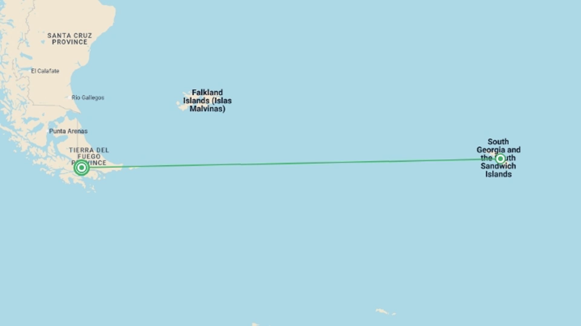 A map showing the tour itinerary for the trip: South Georgia and Antarctic Peninsula: Penguin Safari, starting in Ushuaia, Argentina and ending in Ushuaia, Argentina going through 2 other destinations.