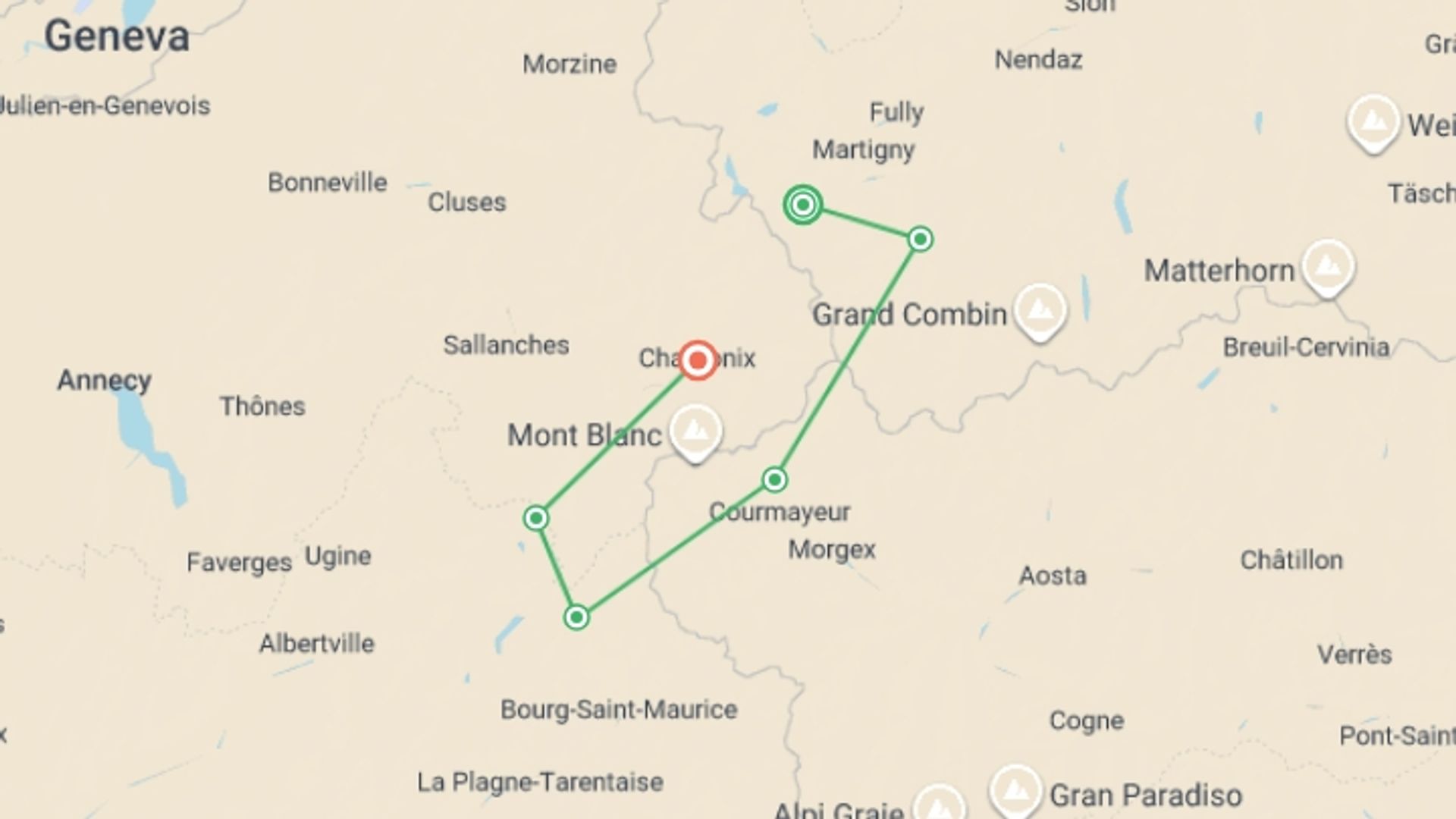 A map showing the tour itinerary for the trip: Tour du Mont Blanc Week Trek, starting in Col De La Forclaz, Switzerland and ending in Chamonix, France going through 6 other destinations.