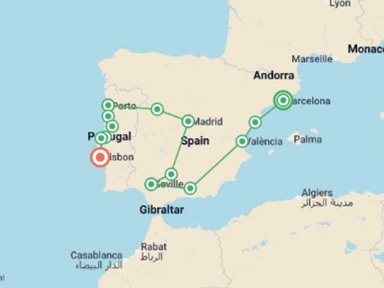 Map itinerary of Mediterranean Tour in August 2026 with 8 destination visits for the trip: Best of Southern Spain & Portugal - 14 days
