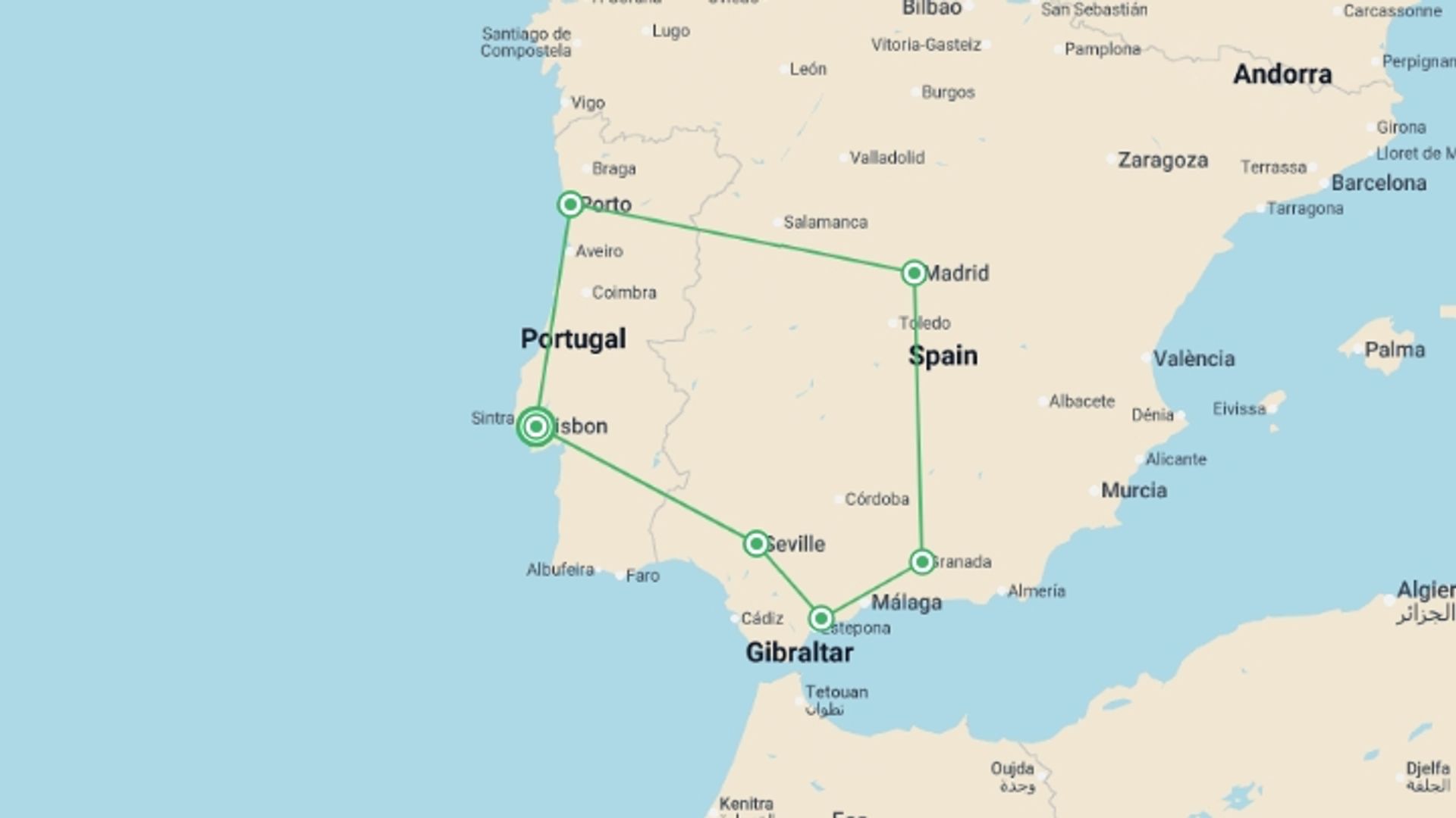 A map showing the tour itinerary for the trip: Lisbon to Andalucia, Madrid & Porto - 8 days, starting in Lisbon, Portugal and ending in Lisbon, Portugal going through 6 other destinations.