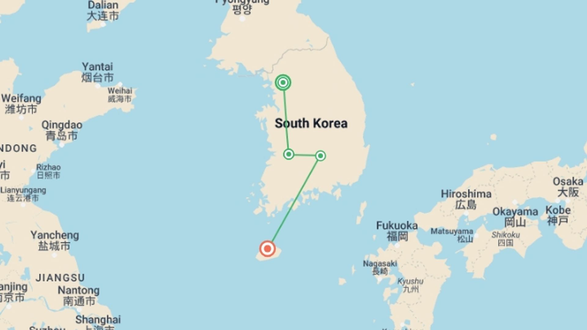 A map showing the tour itinerary for the trip: Premium South Korea, starting in Seoul, South Korea and ending in Jeju island, South Korea going through 2 other destinations.