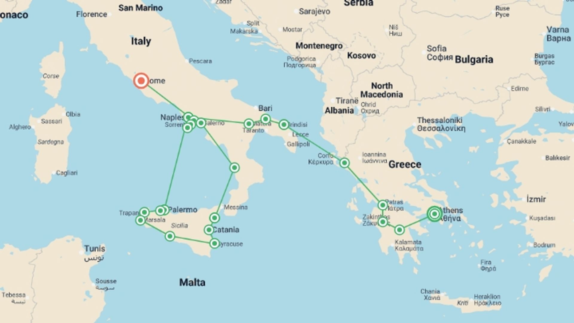 A map showing the tour itinerary for the trip: Athens, Peninsula and Complete Sicily, starting in Athens, Greece and ending in Rome, Italy going through 7 other destinations.
