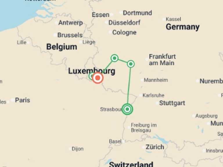 Map of Europe Tour with 5 destination visits for the trip: 4 Rivers: The Neckar, Romantic Rhine, Moselle, and Sarre Valleys (port-to-port cruise)