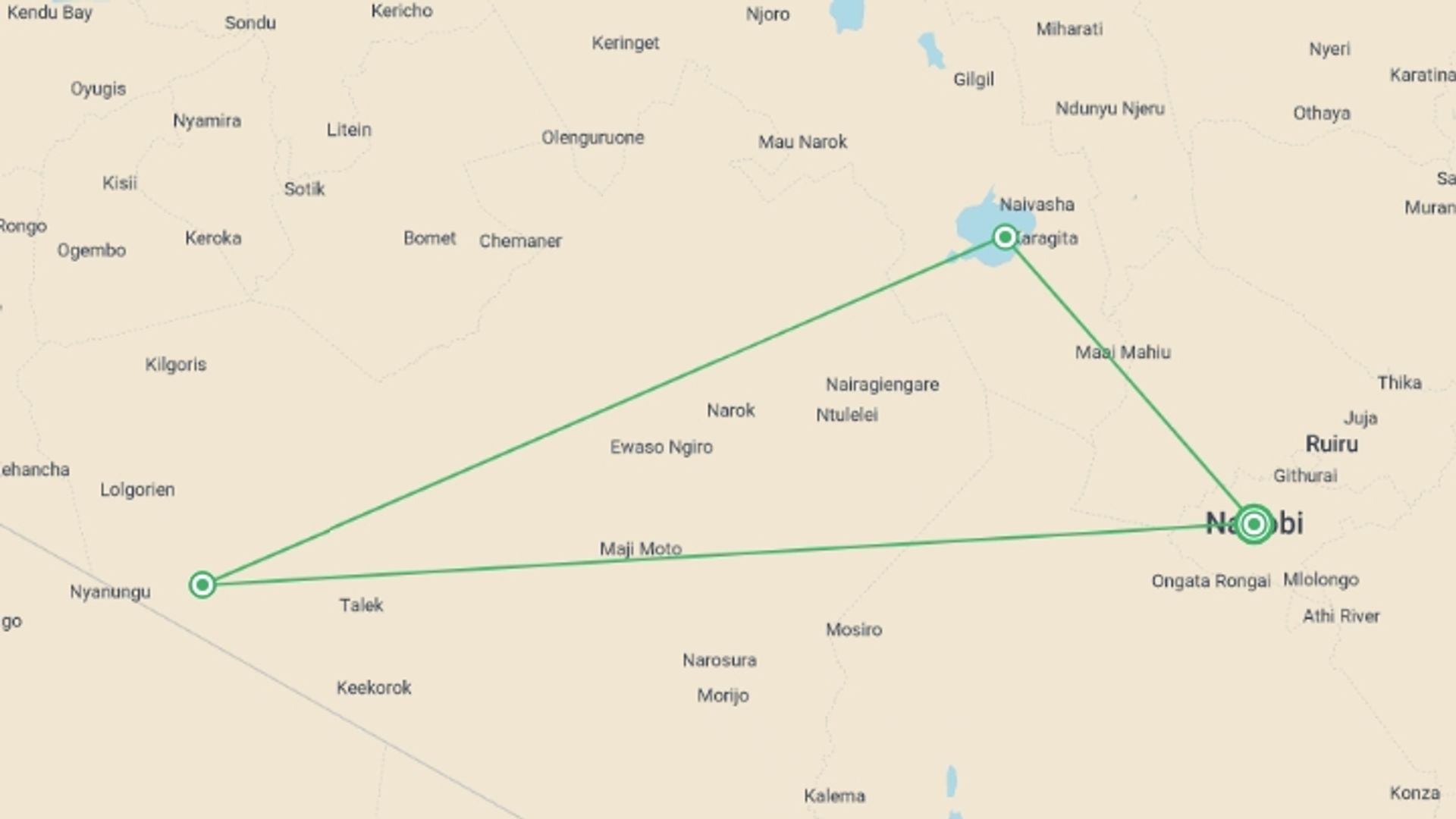 A map showing the tour itinerary for the trip:  Lake Naivasha & Maasai Mara Luxury Safari: 4 Days , starting in Nairobi, Kenya and ending in Nairobi, Kenya going through 2 other destinations.