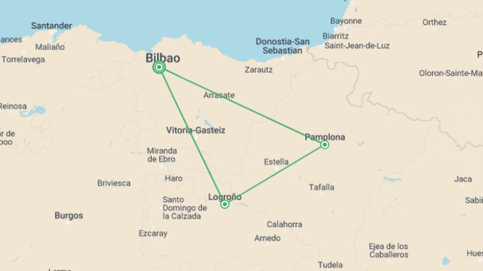 A map showing the tour itinerary for the trip: The Northern Gateway, Self-drive, starting in Bilbao, Spain and ending in Bilbao, Spain going through 1 other destinations.
