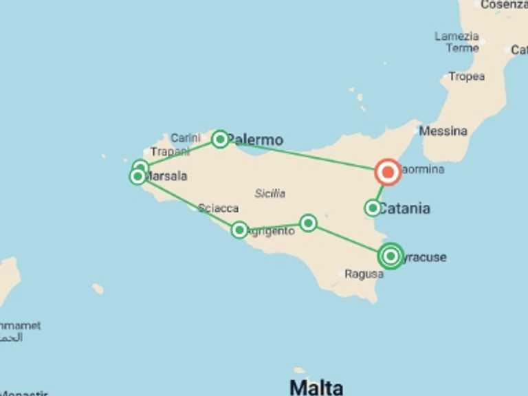 Map of Europe Museum and gallery visits Tour with 11 destination visits for the trip: Sicily in Depth with Historian Antonio Marretta