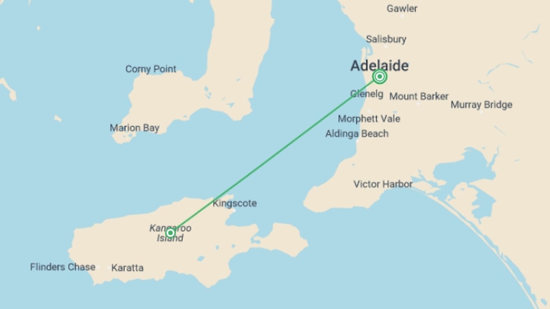 A map showing the tour itinerary for the trip: Hike the Kangaroo Island Wilderness Trail, starting in Adelaide, Australia and ending in Adelaide, Australia going through 1 other destinations.