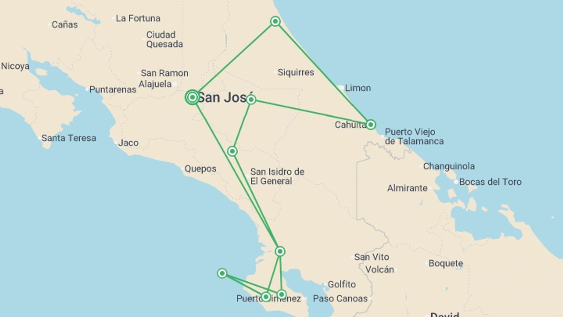 A map showing the tour itinerary for the trip: Costa Rica's Coastal Secrets, starting in San Jose, Costa Rica and ending in San Jose, Costa Rica going through 7 other destinations.