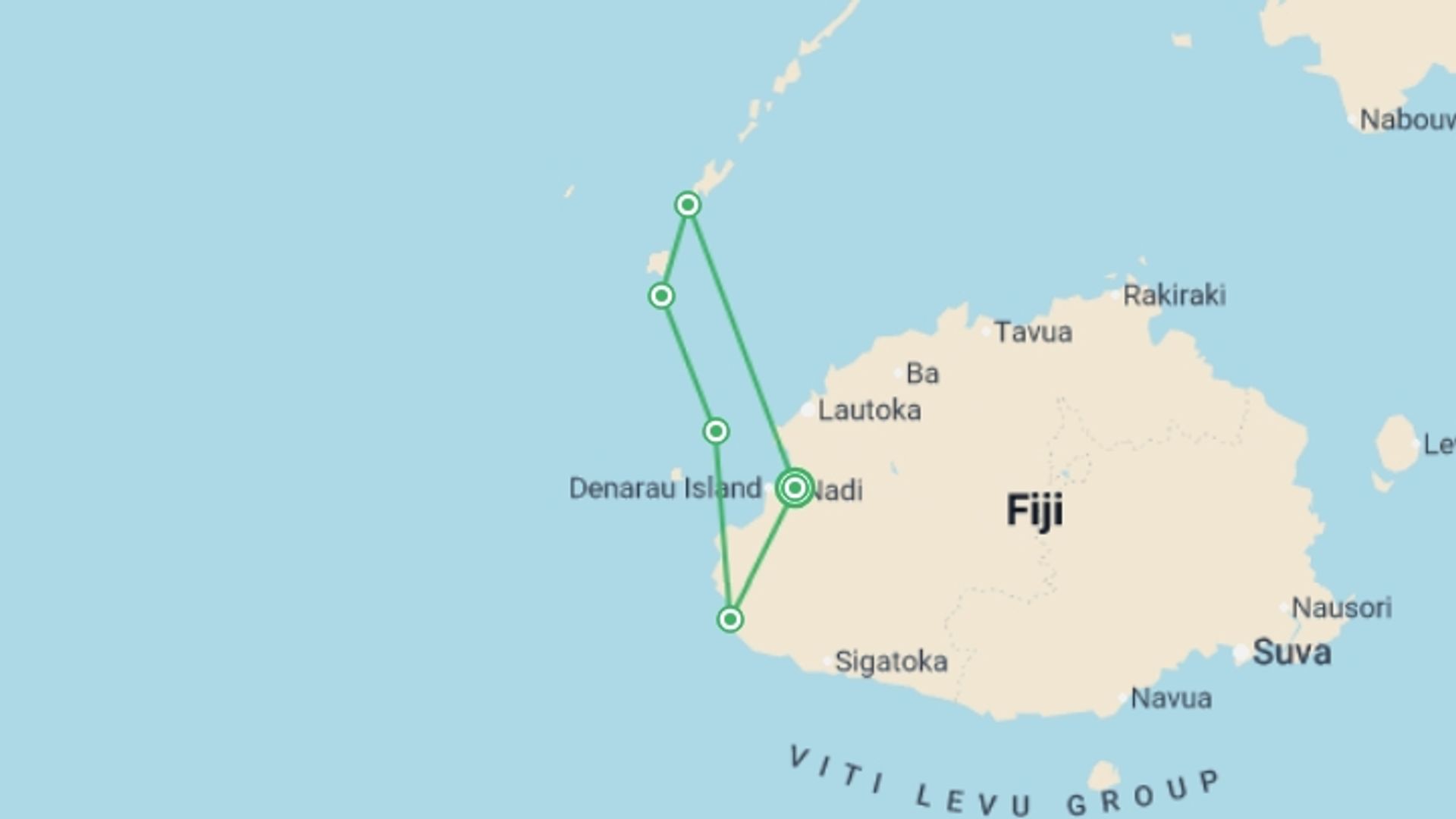 A map showing the tour itinerary for the trip: Fiji Five: Beach & Culture Experience 11D/10N, starting in Nadi, Fiji and ending in Nadi, Fiji going through 4 other destinations.