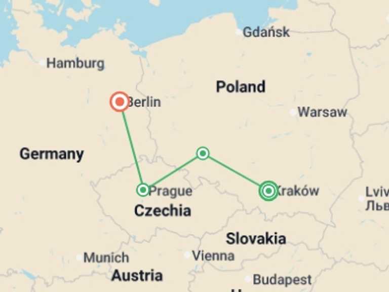 Map of Europe Tour with 4 destination visits for the trip: Christmas Markets of Poland, Prague and Germany