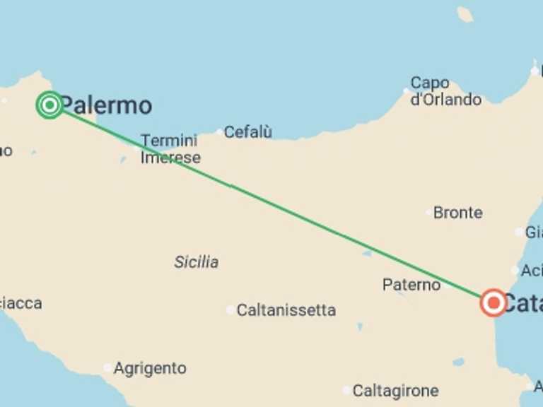 Map itinerary of Catania Tour in August 2026 with 2 destination visits for the trip: Sicily Express - 5 days
