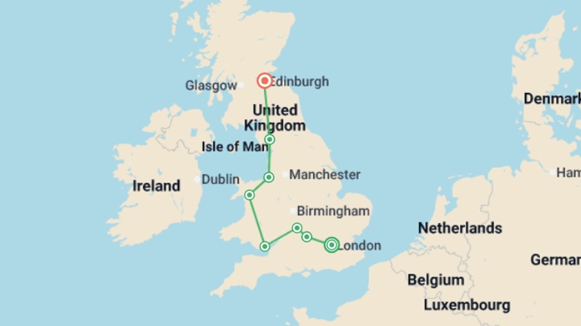 A map showing the tour itinerary for the trip: Best of Britain, starting in London, England and ending in Edinburgh, Scotland going through 6 other destinations.