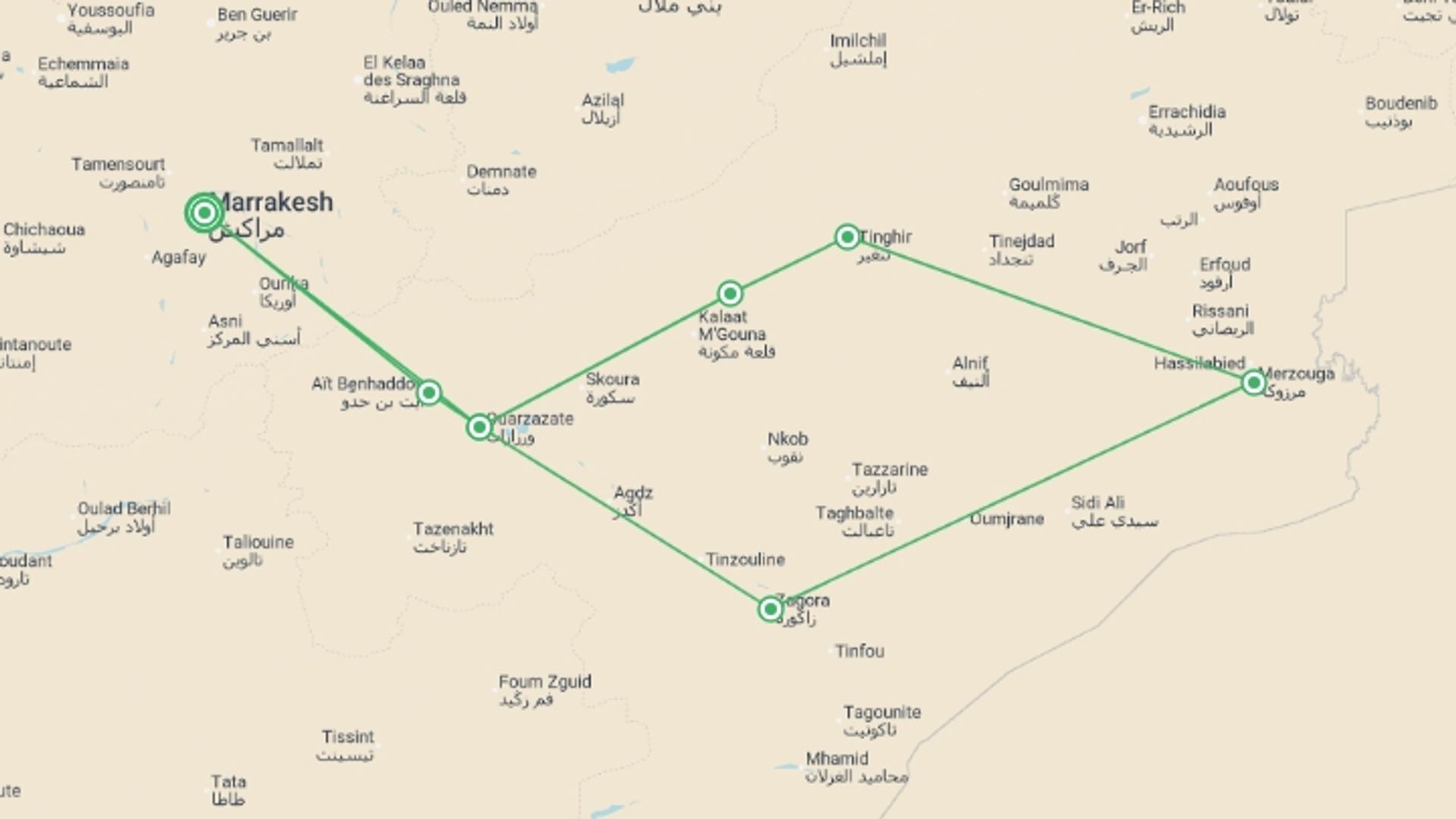 A map showing the tour itinerary for the trip: Morocco Desert & Dunes - 8 days, starting in Marrakech, Morocco and ending in Marrakech, Morocco going through 4 other destinations.