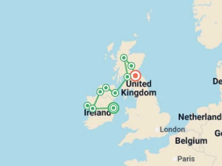 Map itinerary of Europe Tour in April 2027 with 7 destination visits for the trip: Highlights of Ireland and Scotland