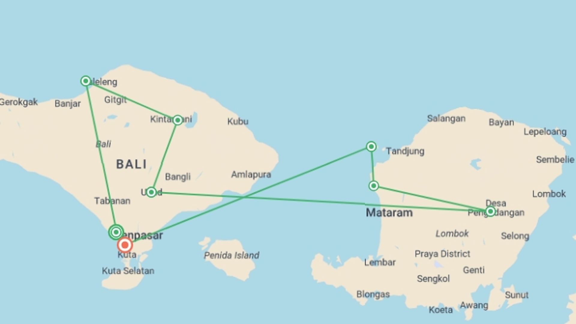 A map showing the tour itinerary for the trip: Bali & Beyond: The Perfect Island Loop, starting in Canggu, Indonesia and ending in Seminyak , Indonesia going through 7 other destinations.