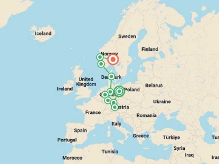 Map of Europe Tour with 10 destination visits for the trip: Germany and Norway