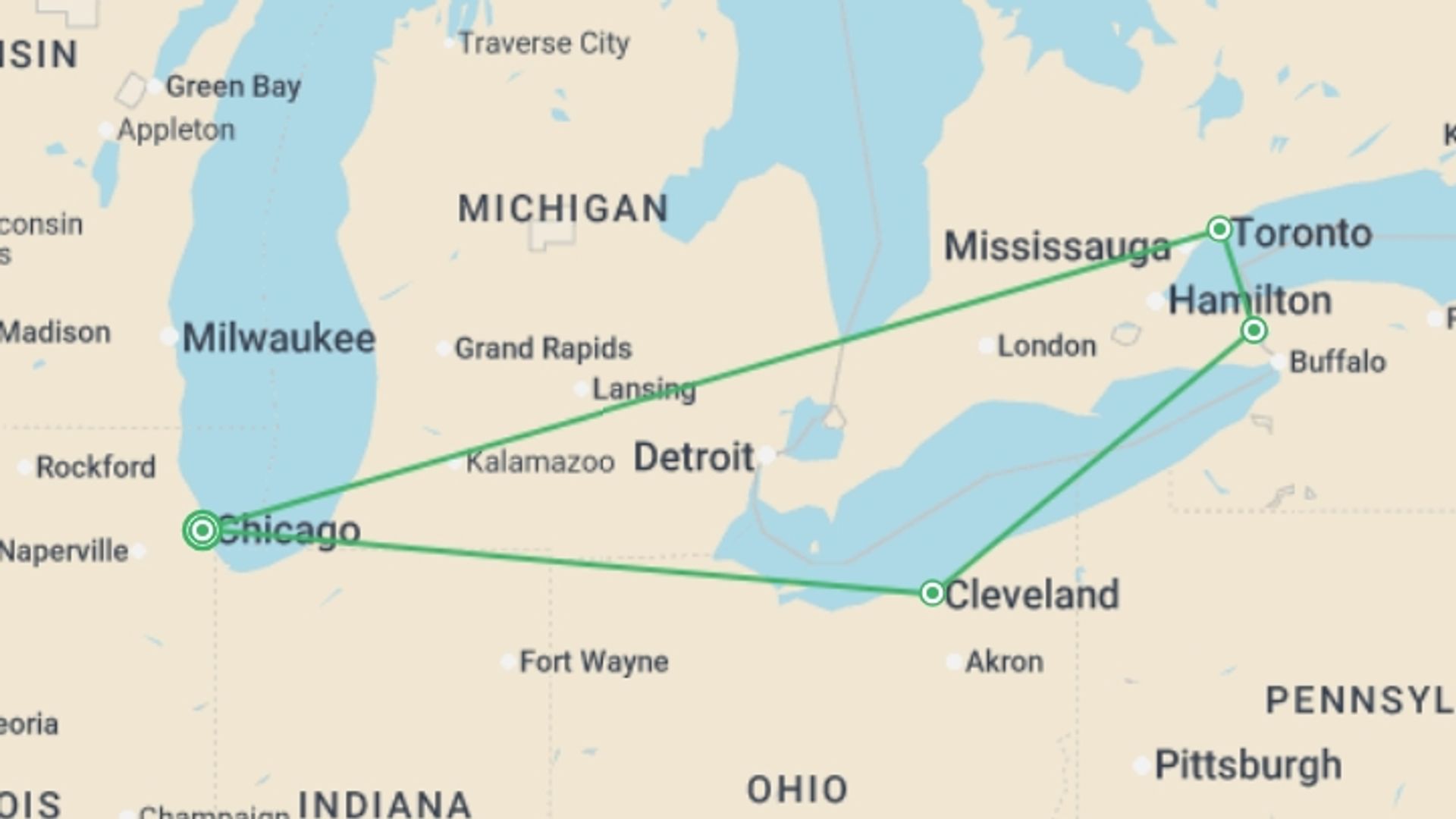 A map showing the tour itinerary for the trip: Chicago and Niagara ROT, starting in Chicago, USA and ending in Chicago, USA going through 3 other destinations.