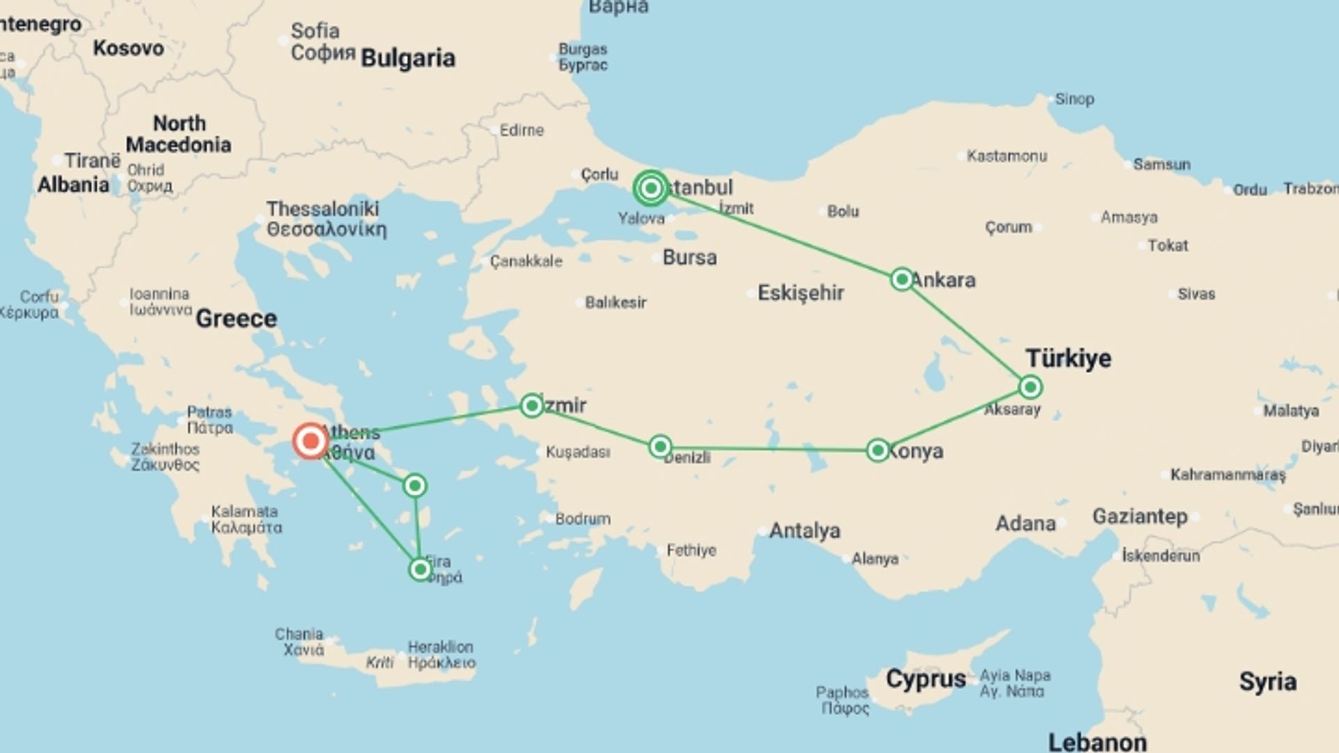 A map showing the tour itinerary for the trip: Treasures of Türkiye and Greece, starting in Istanbul, Turkey and ending in Athens, Greece going through 5 other destinations.