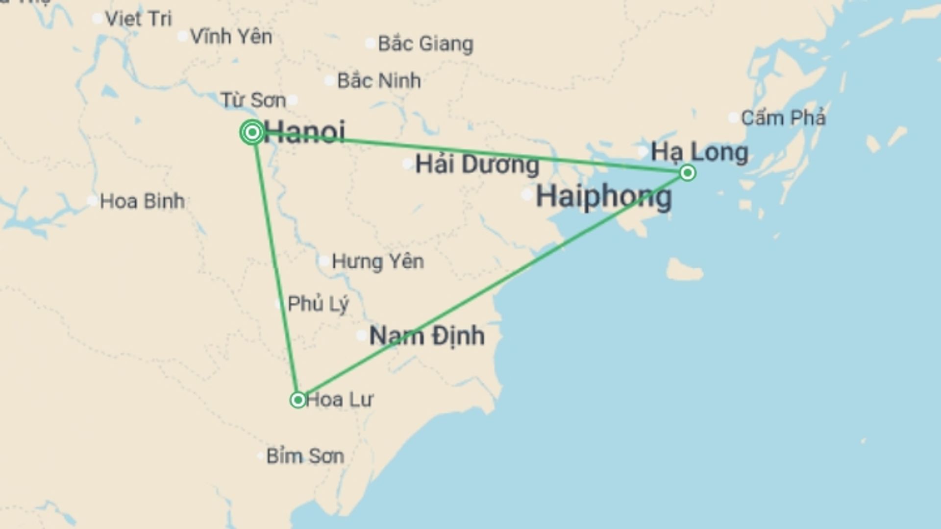 A map showing the tour itinerary for the trip: Hanoi, Ninh Binh and Halong Bay - 7 days, starting in Hanoi, Vietnam and ending in Hanoi, Vietnam going through 2 other destinations.
