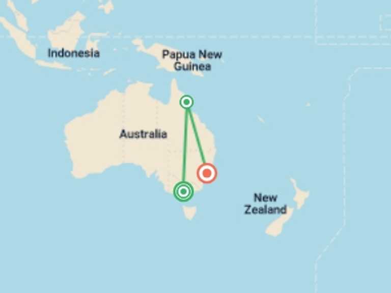 Map of Australia Tour with 4 destination visits for the trip: Highlights of Australia