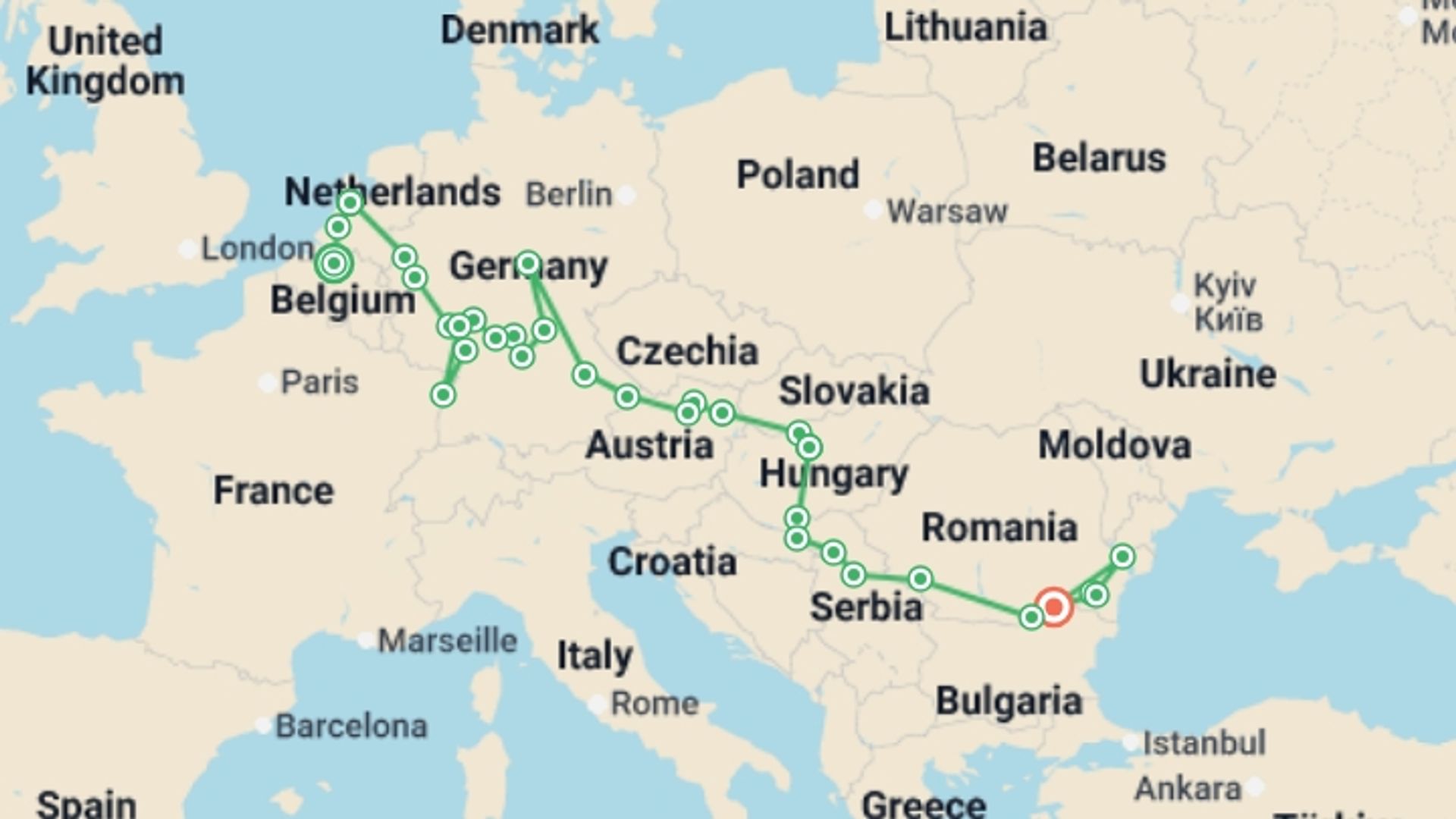 A map showing the tour itinerary for the trip: European Treasures: A River Odyssey from the Belgian Canals to the Iron Gates (port-to-port cruise), starting in Antwerp, Belgium and ending in Oltnenita, Romania going through 12 other destinations.