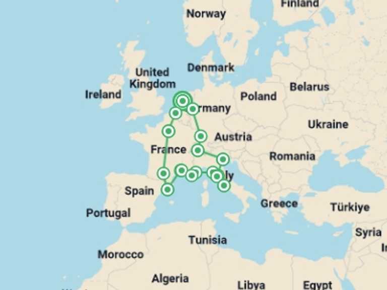 Map itinerary of Europe Tour in May 2026 with 11 destination visits for the trip: Europe Explorer