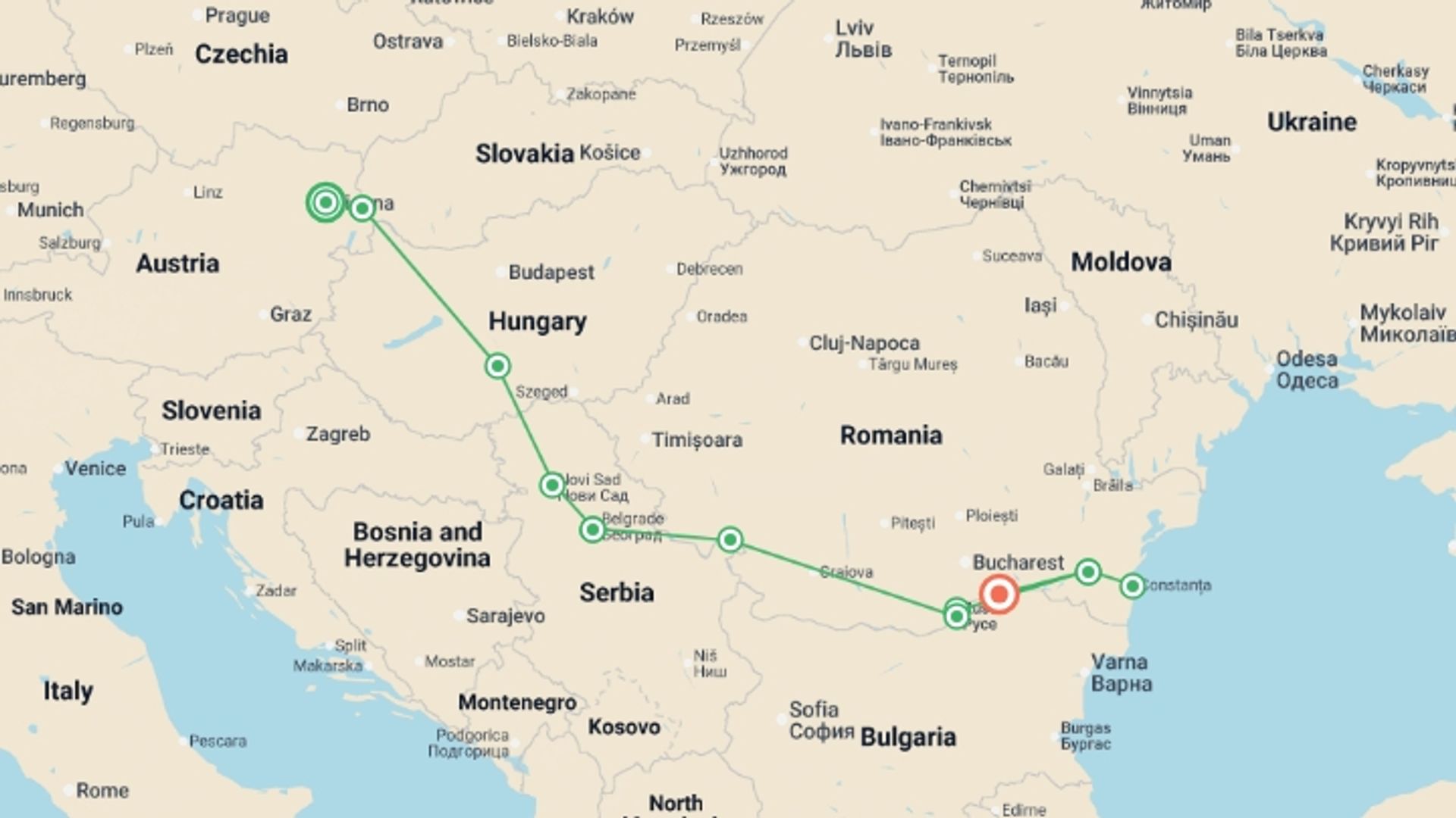 A map showing the tour itinerary for the trip: From the Blue Danube to the Black Sea (port-to-port cruise), starting in Vienna, Austria and ending in Oltnenita, Romania going through 5 other destinations.