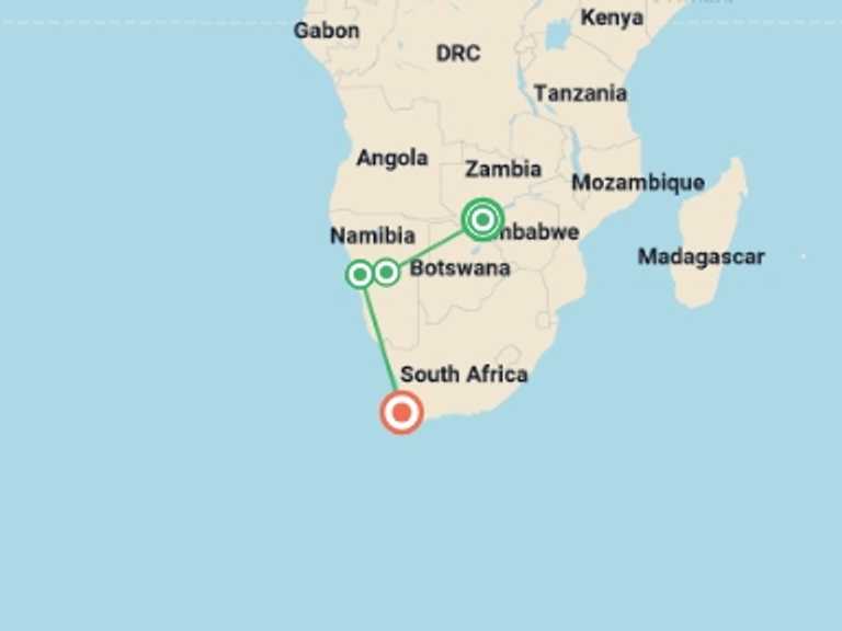 Map of Victoria Falls Explorer Tour with 4 destination visits for the trip: Active South Africa: Victoria Falls to Cape Town